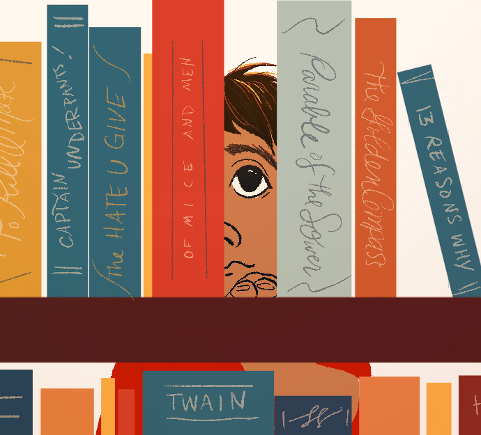 ~ai-09b97e2d-9927-42ed-a346-8c756dfe6318_ Illustration of a child looking at a gap in a bookshelf